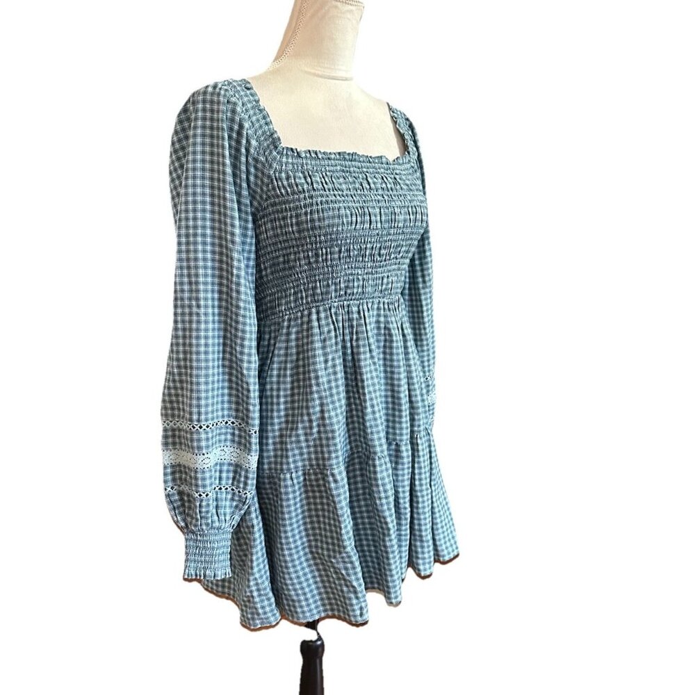American Eagle Y2K Green Plaid Mini Peasant Dress Tiered Smocked Bust Sz S - Picture 3 of 8